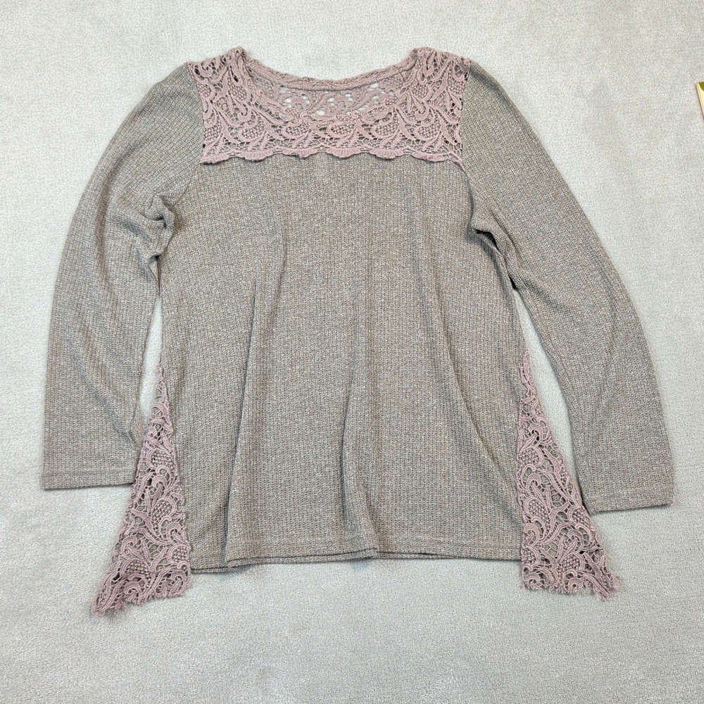 I Love Size L Women Taupe Waffle Knit Crochet Lace Trim Long Sleeve Blouse Top